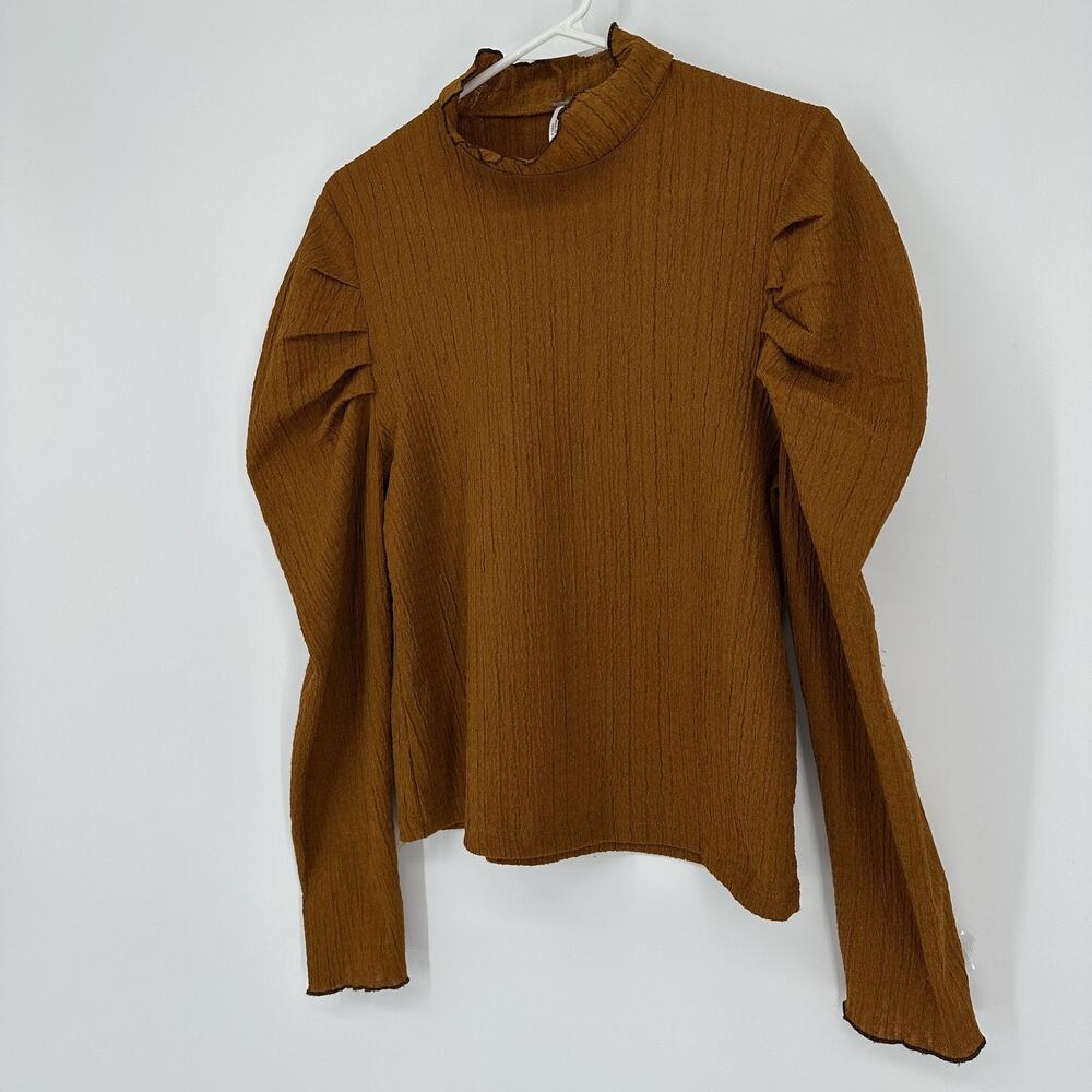 Free People Sweater Womens Large Brown Textured Puff Sleeve High Neck Boho Top - Picture 5 of 14